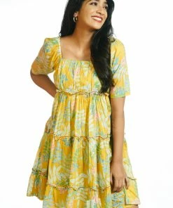 Threeness Yellow Tropical Short Frill Dress