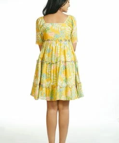 Threeness Yellow Tropical Short Frill Dress