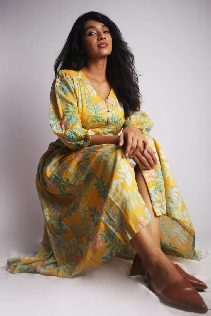 Threeness Yellow Tropical Button Down Dress 3 Threeness Yellow Tropical Button Down Dress