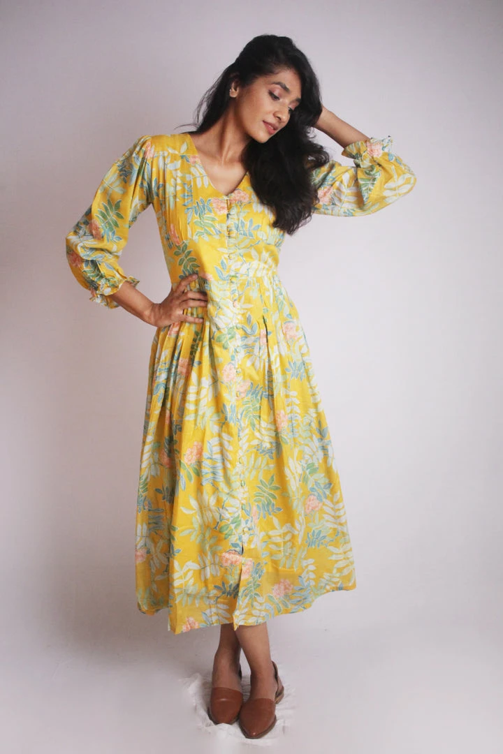 Threeness Yellow Tropical Button Down Dress 2 Threeness Yellow Tropical Button Down Dress