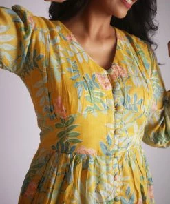 Threeness Yellow Tropical Button Down Dress 8 Threeness Yellow Tropical Button Down Dress