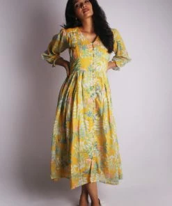 Threeness Yellow Tropical Button Down Dress