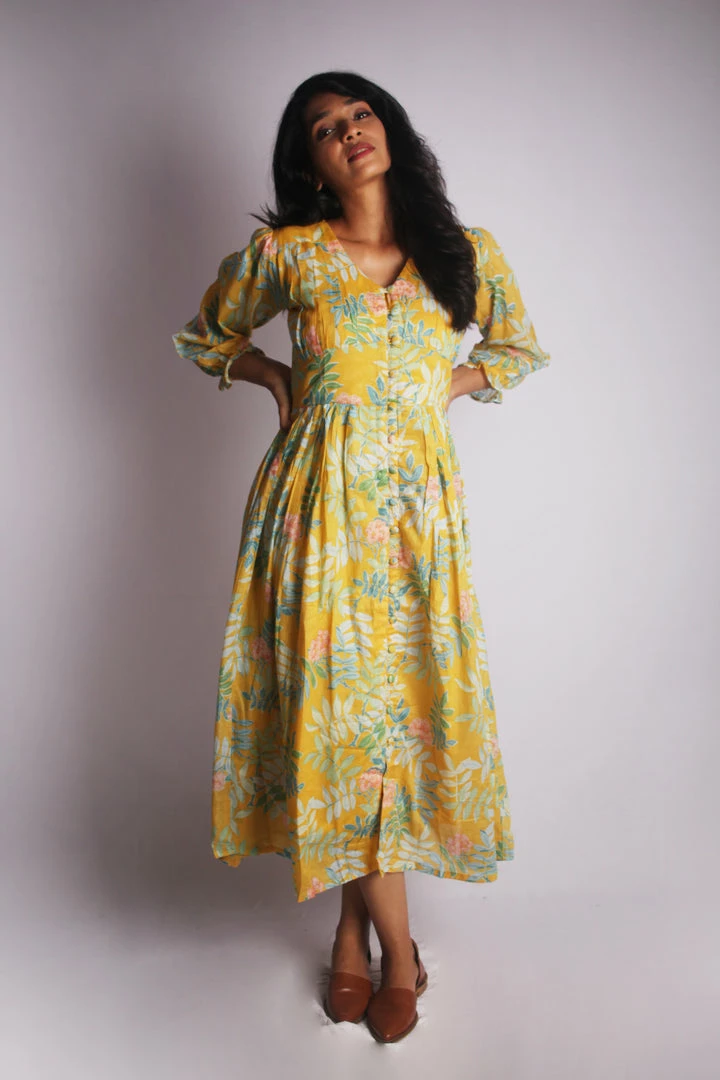 Threeness Yellow Tropical Button Down Dress 1 Threeness Yellow Tropical Button Down Dress