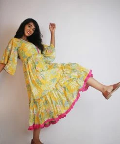 Threeness Yellow Tropical Layered Dress