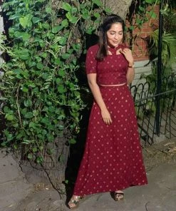 Label RishMaan Royal Synonym - Maroon Gold - Crop Top Skirt Uptown Contemporary