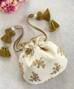 AMYRA Off White Velvet Embroidered Potli Bag