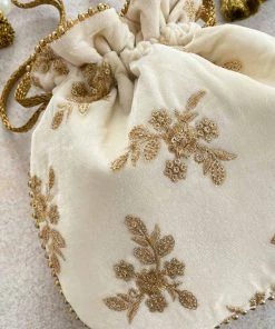 AMYRA Off White Velvet Embroidered Potli Bag