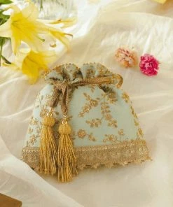 AMYRA ALIA SILK EMBROIDERED POTLI - MINT Purse & Potli