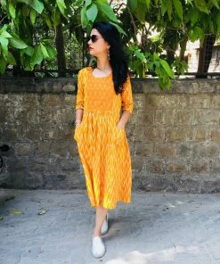 Threeness Breezy Summer Mustard Ikat Dress