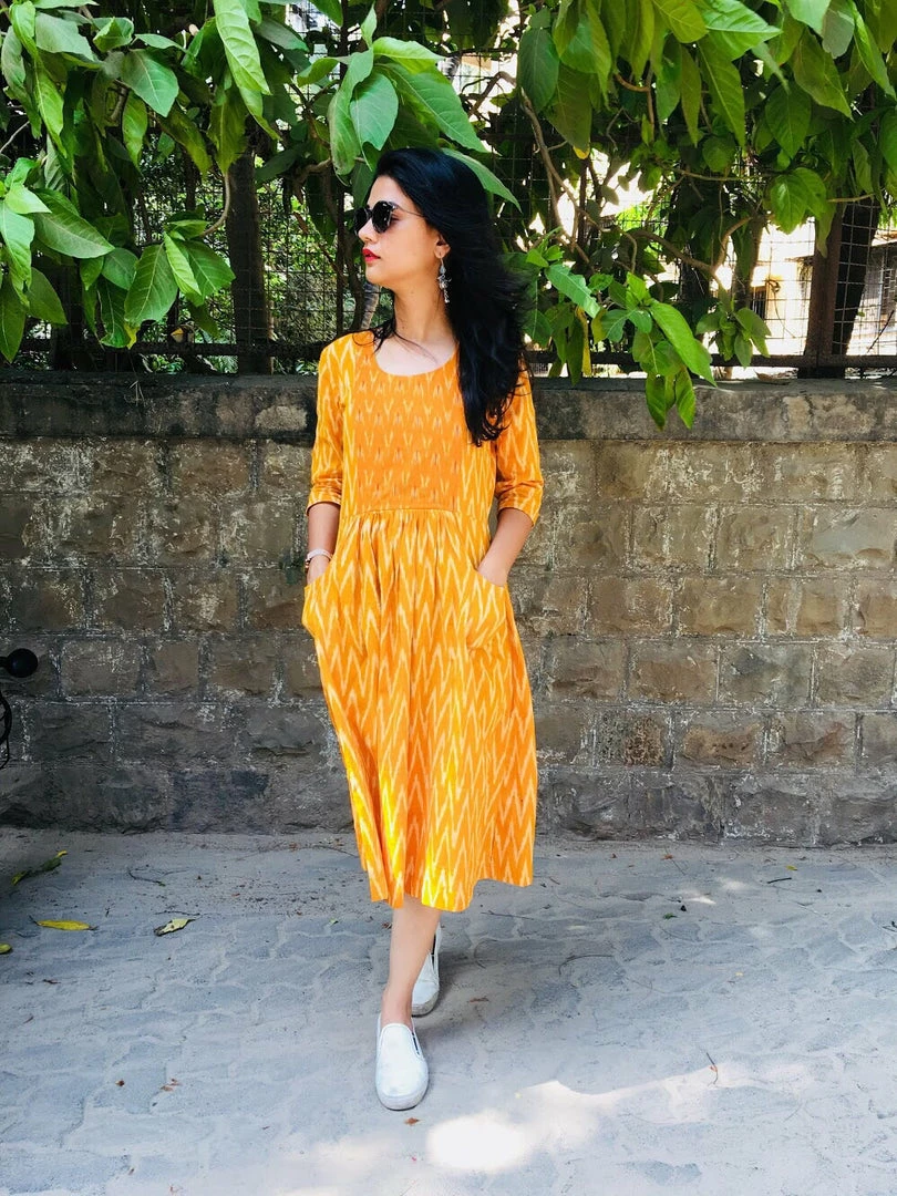 Threeness Breezy Summer Mustard Ikat Dress 1 Threeness Breezy Summer Mustard Ikat Dress