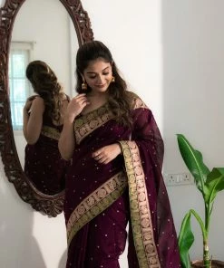 Ekanta Sarees Nayana Wine With Maroon And Green Banaras Border 6 Ekanta Sarees Nayana Wine With Maroon And Green Banaras Border
