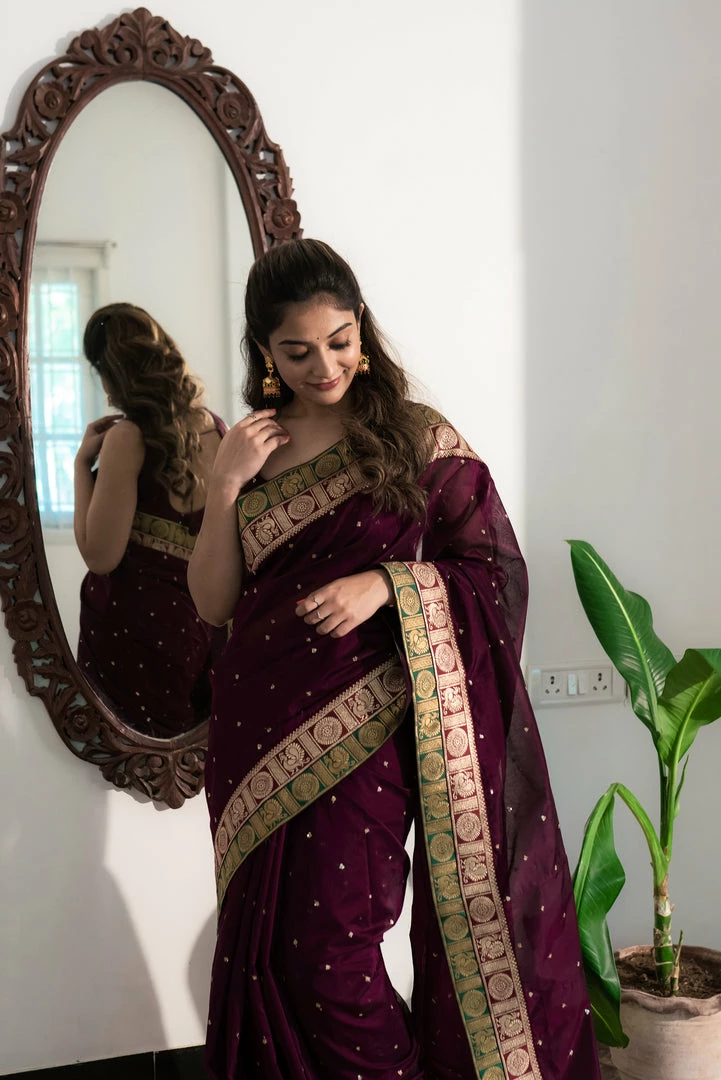 Ekanta Sarees Nayana Wine With Maroon And Green Banaras Border 2 Ekanta Sarees Nayana Wine With Maroon And Green Banaras Border