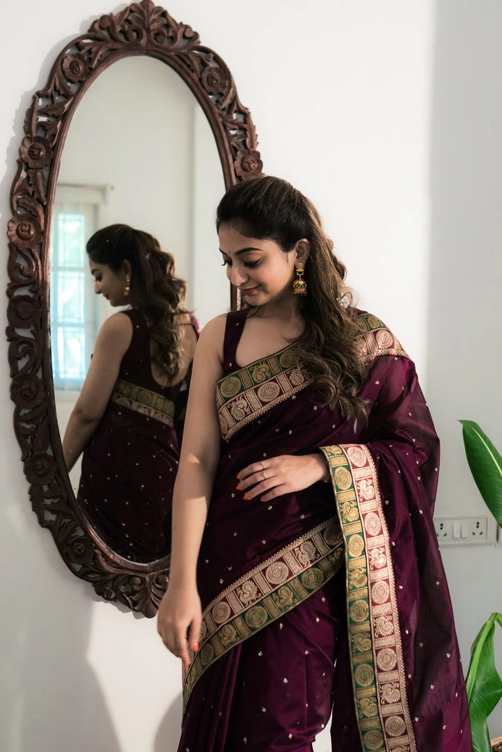 Ekanta Sarees Nayana Wine With Maroon And Green Banaras Border 3 Ekanta Sarees Nayana Wine With Maroon And Green Banaras Border