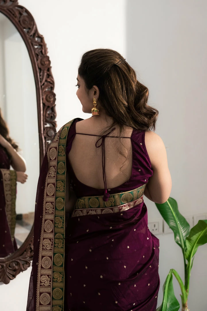 Ekanta Sarees Nayana Wine With Maroon And Green Banaras Border 5 Ekanta Sarees Nayana Wine With Maroon And Green Banaras Border