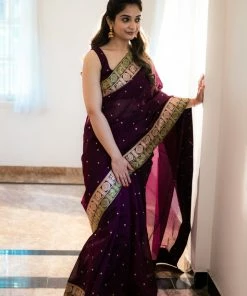Ekanta Sarees Nayana Wine With Maroon And Green Banaras Border